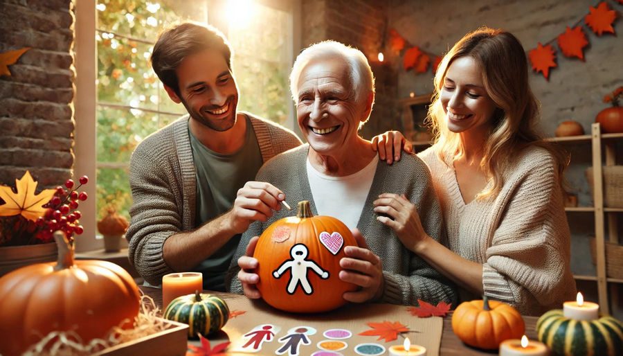 A Senior with Dementia Decorating a Pumpkin