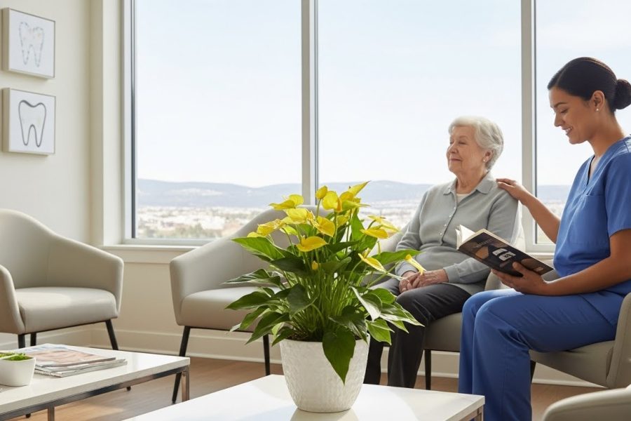 Calm elderly patient and caregiver preparing for a dementia-friendly dentist appointment