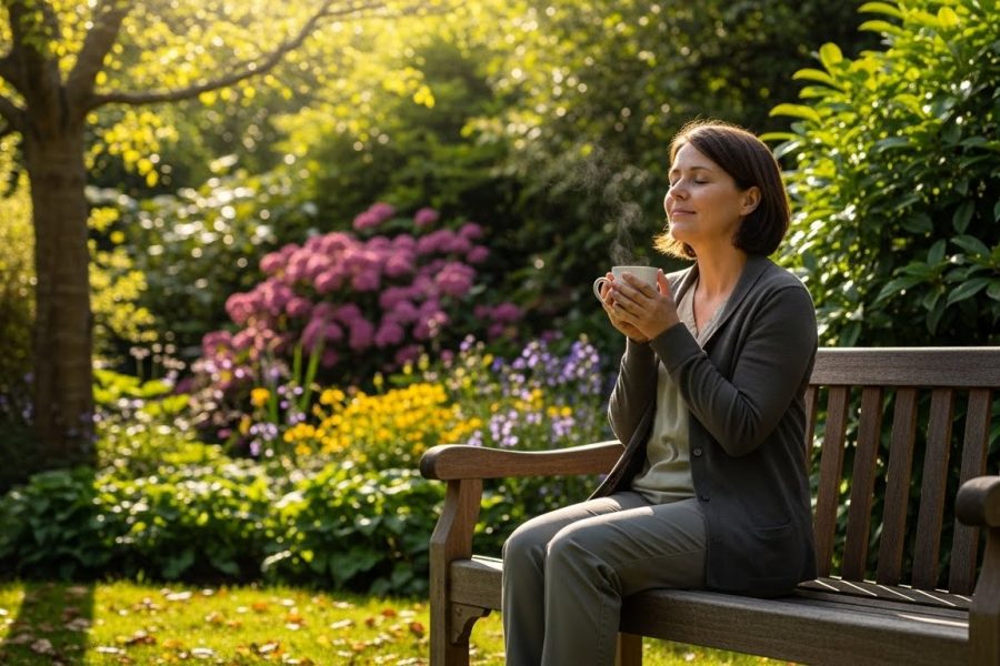 Caregiver taking a dedicated five-minute self-care break after completing a difficult dental care task
